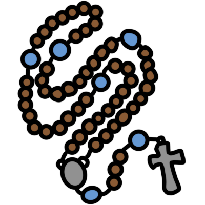 a curled rosary with brown and blue beads and a silver medallion and cross.